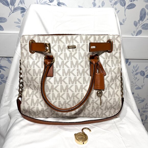MICHAEL KORS Hamilton Large Saffiano Leather Logo Satchel - White Coated Canvas - Picture 10 of 15